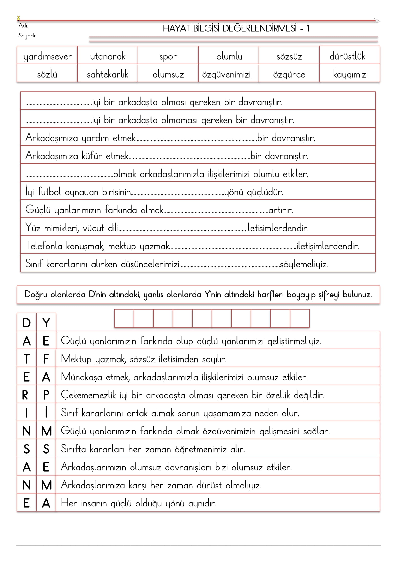 2. Sınıf - Hayat Bilgisi I.Ünite Değerlendirmesi-1