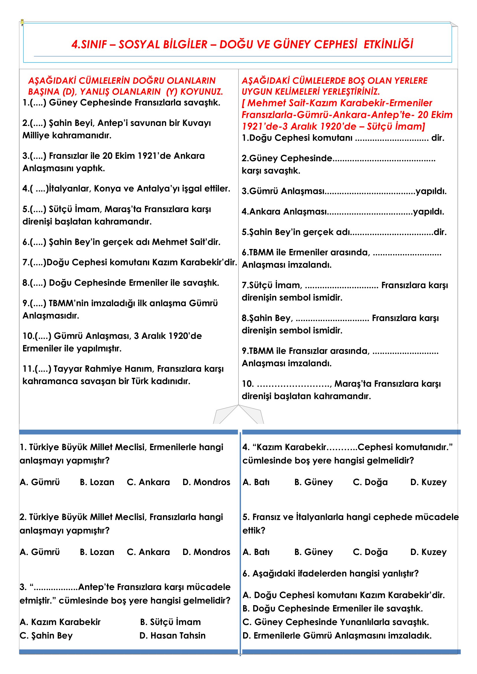 4. Sınıf - Sosyal Bilgiler - Kurtuluş Destanı (Doğu ve Güney Cephesi) Etkinliği