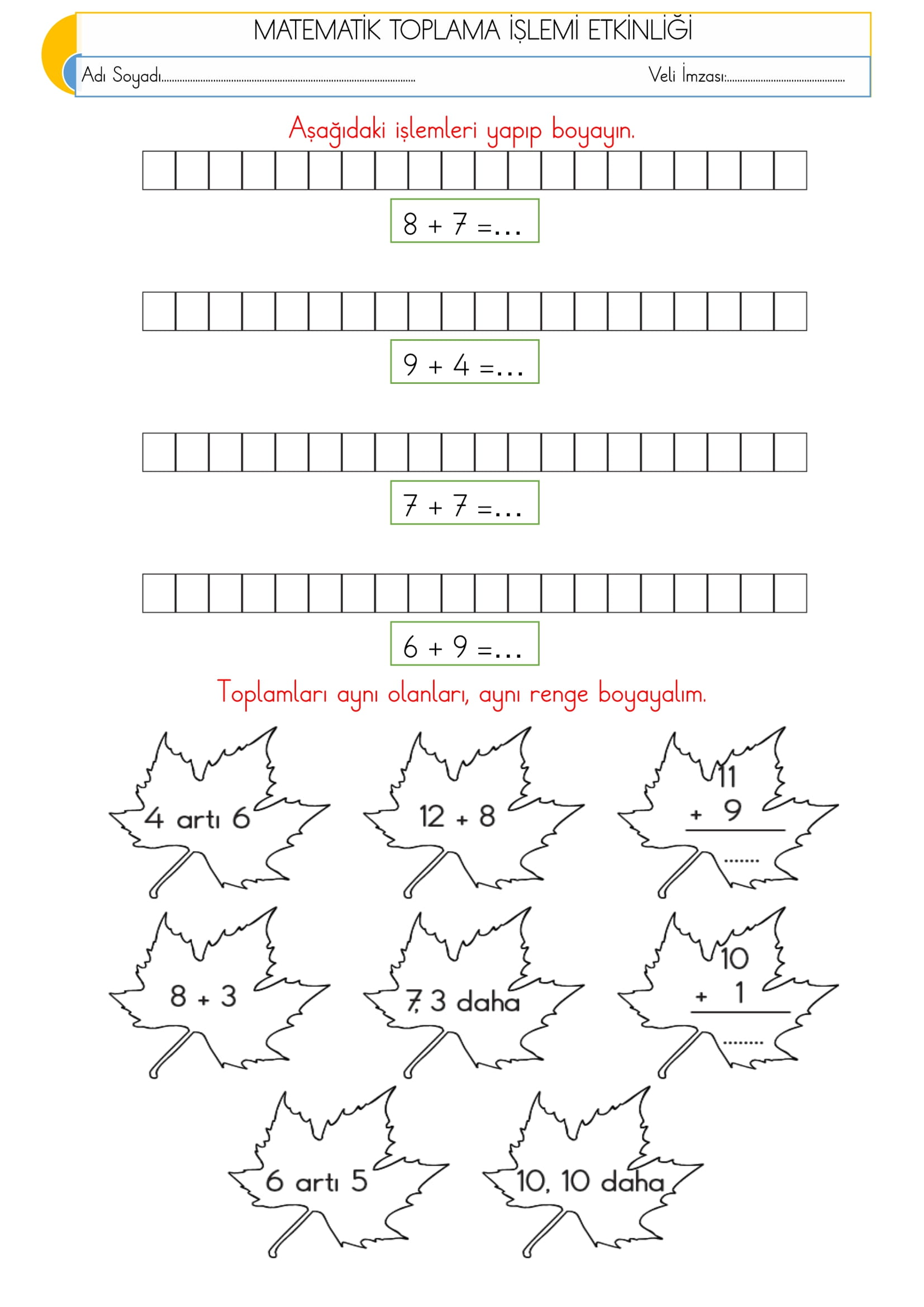 1. Sınıf Matematik Toplama İşlemi Etkinliği- 20