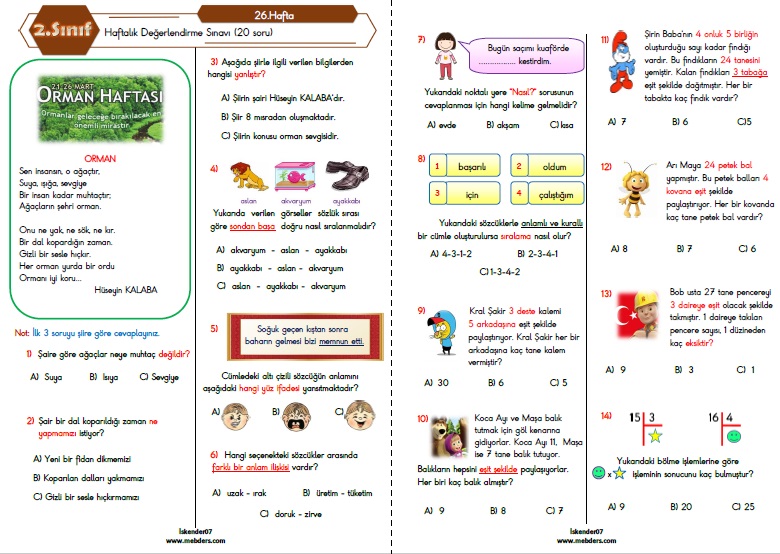 2. Sınıf Haftalık Değerlendirme Testi - 26.Hafta (21-25 Mart)