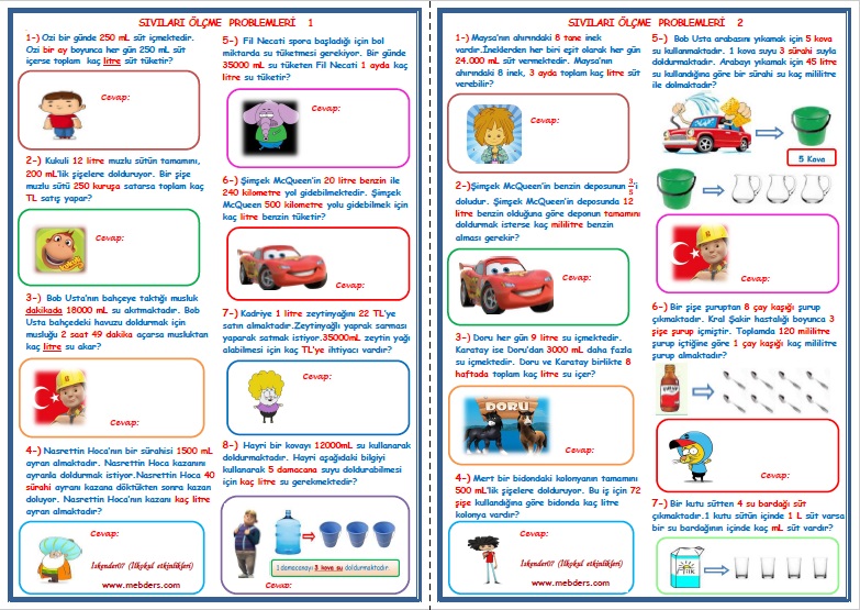 4. Sınıf Matematik Sıvı Ölçüleri Problemleri 1-2 (2 Sayfa)