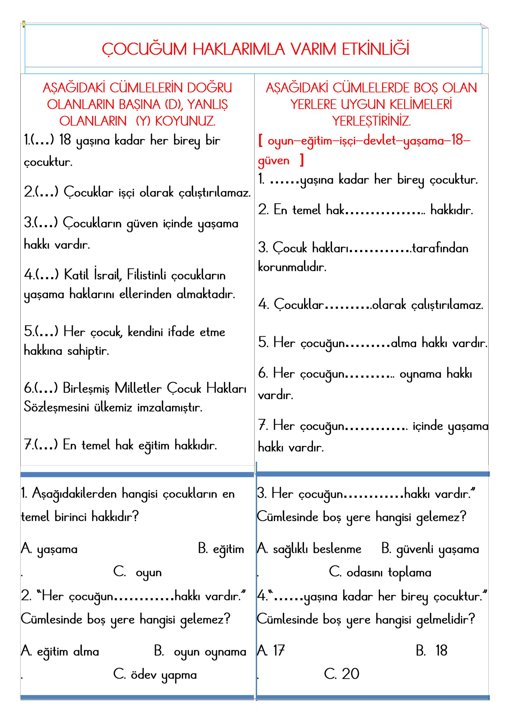 3.Sınıf - Hayat Bilgisi Çocuğum Haklarımla Varım Etkinliği