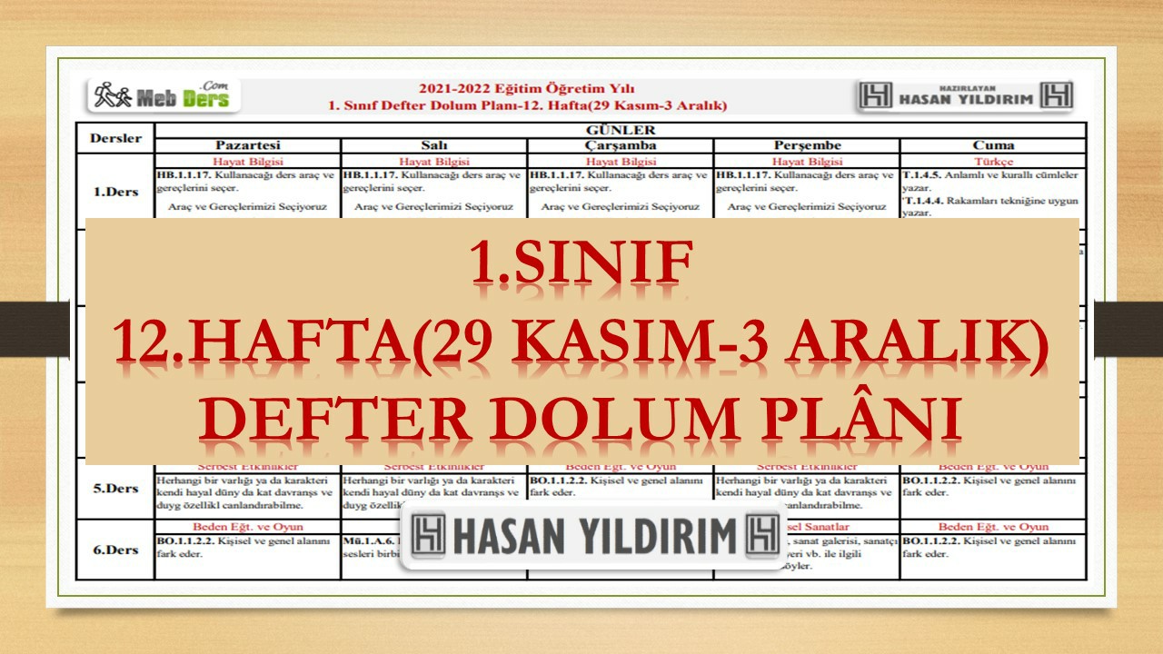 1. Sınıf 12.Hafta(29 Kasım-3 Aralık) Defter Dolum Planı