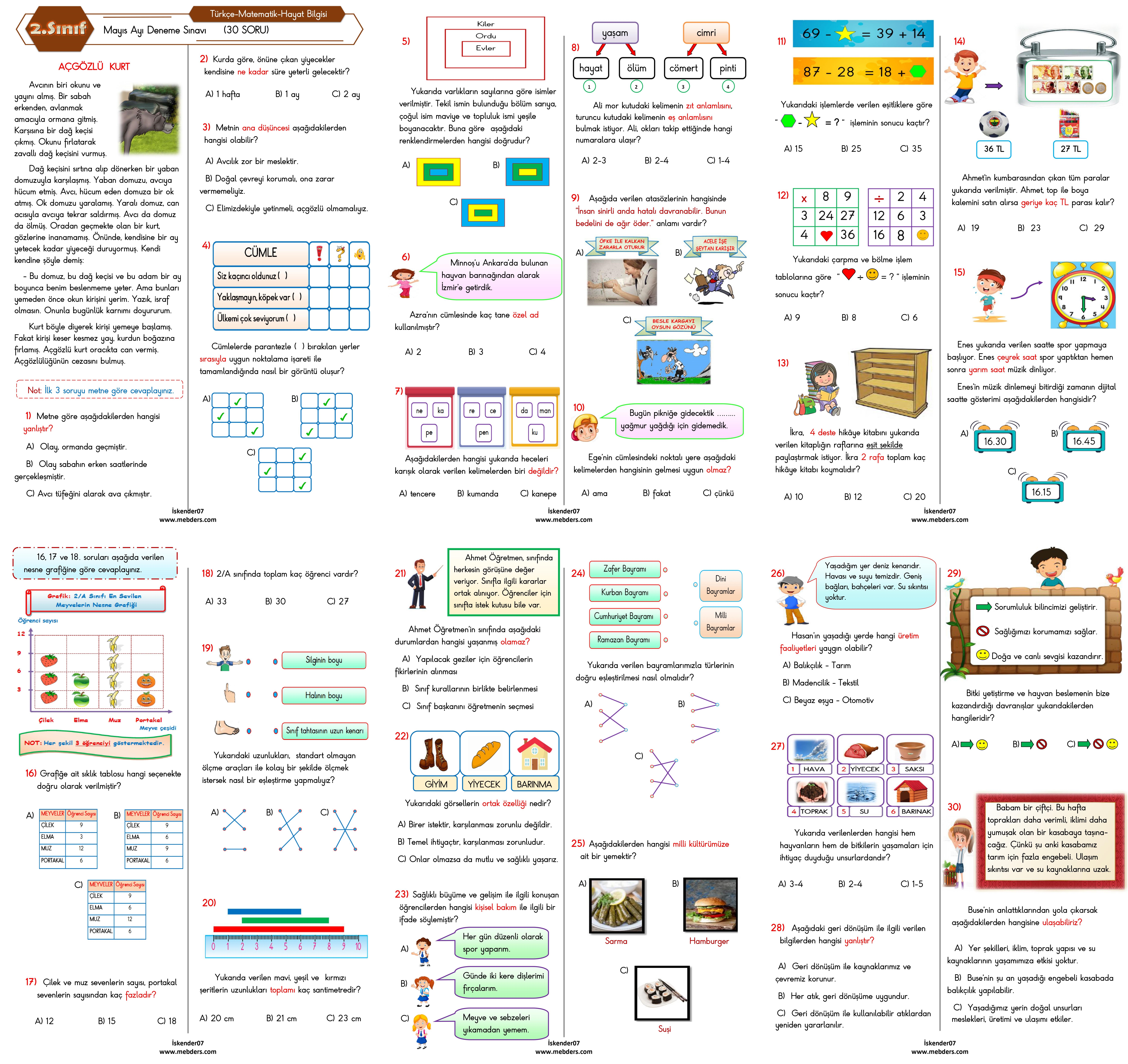 2. Sınıf  Mayıs Ayı Türkiye Geneli Deneme Sınavı  (Türkçe-Matematik-Hayat Bilgisi  30 Soru)