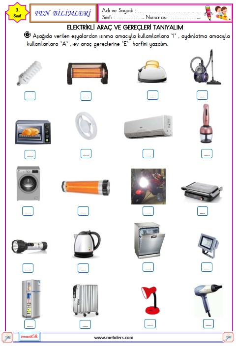 3. Sınıf Fen Bilimleri Elektrikli Araç ve Gereçleri Tanıyalım Etkinliği 7