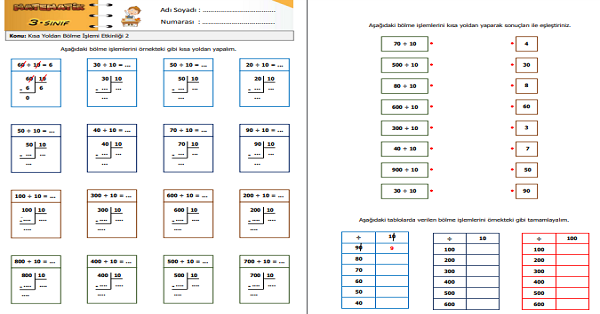 3. Sınıf Matematik Kısa Yoldan Bölme İşlemi Etkinliği 2