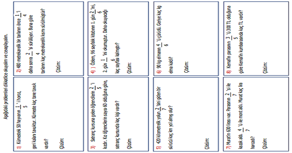 4. Sınıf Matematik Kesirlerle İlgili Problemler Etkinliği 3