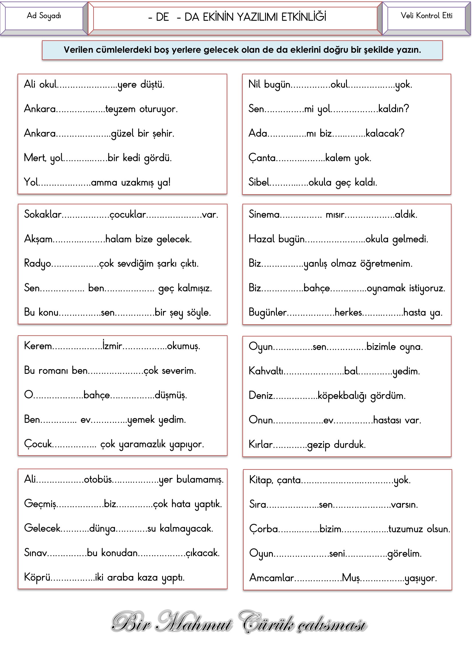4. Sınıf Türkçe De Da Ekinin Yazılımı Etkinliği