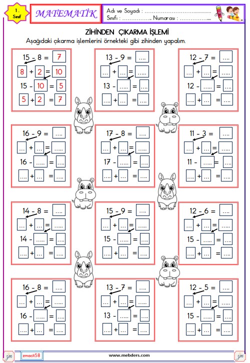 1. Sınıf Matematik Zihinden Çıkarma İşlemi Etkinliği 15