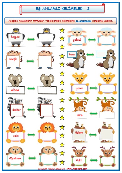 1. Sınıf Türkçe Eş Anlamlı Kelimeler 2