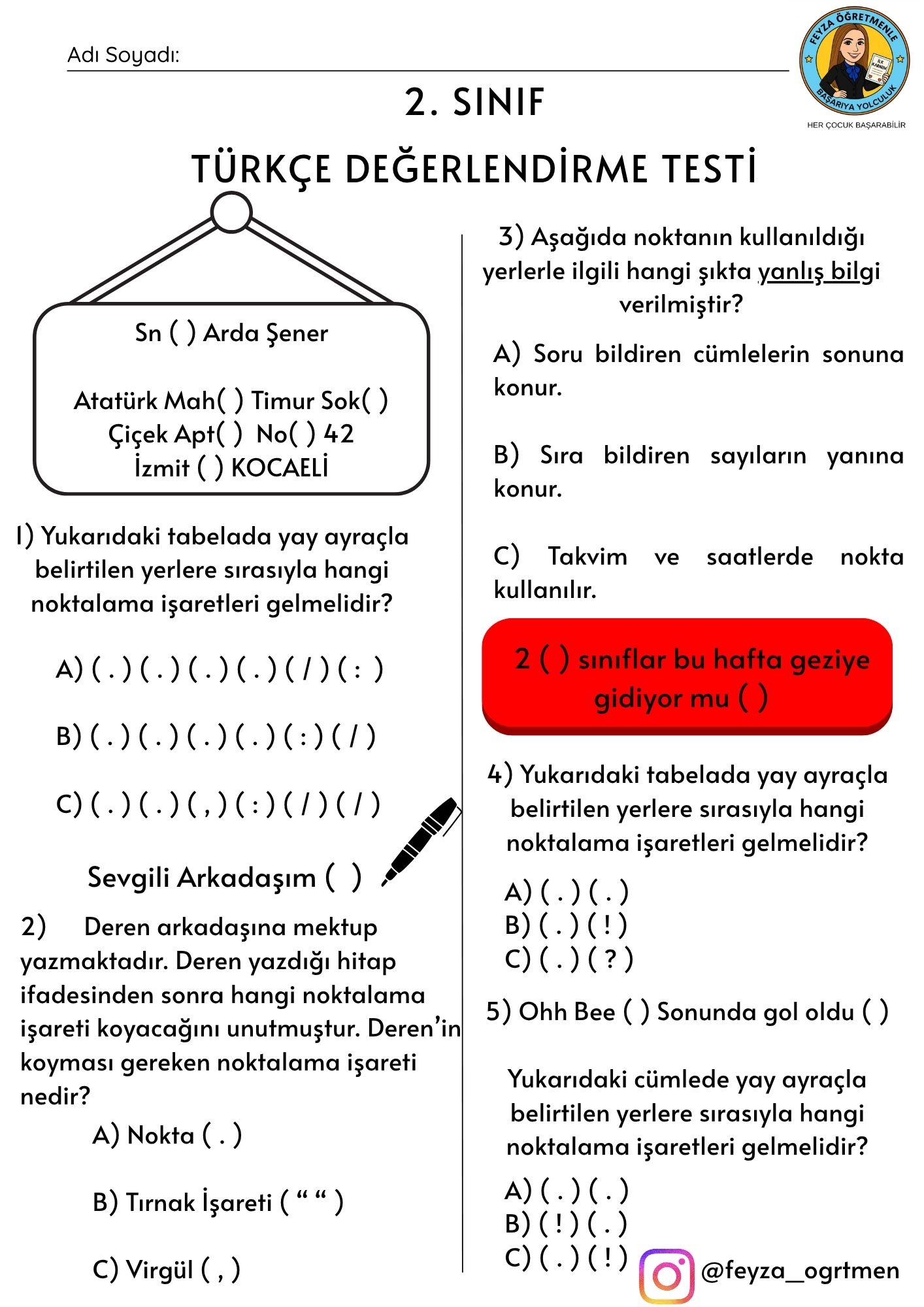 2. Sınıf Türkçe-Matematik Dersi 5. Hafta Değerlendirme Testi