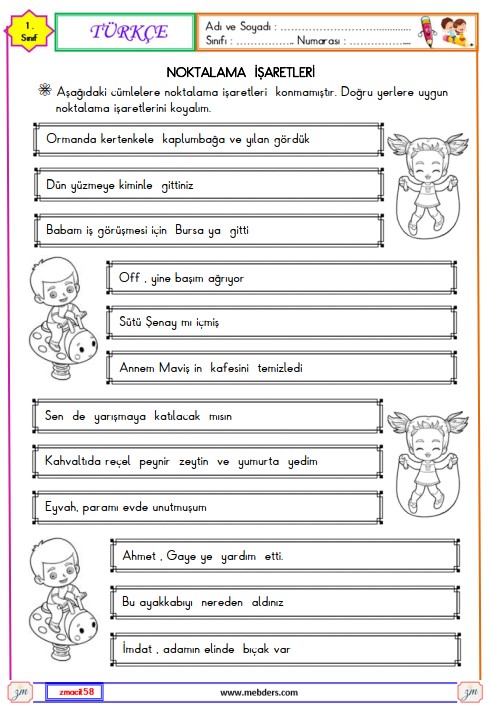 1. Sınıf Türkçe Noktalama İşaretleri Etkinliği 7