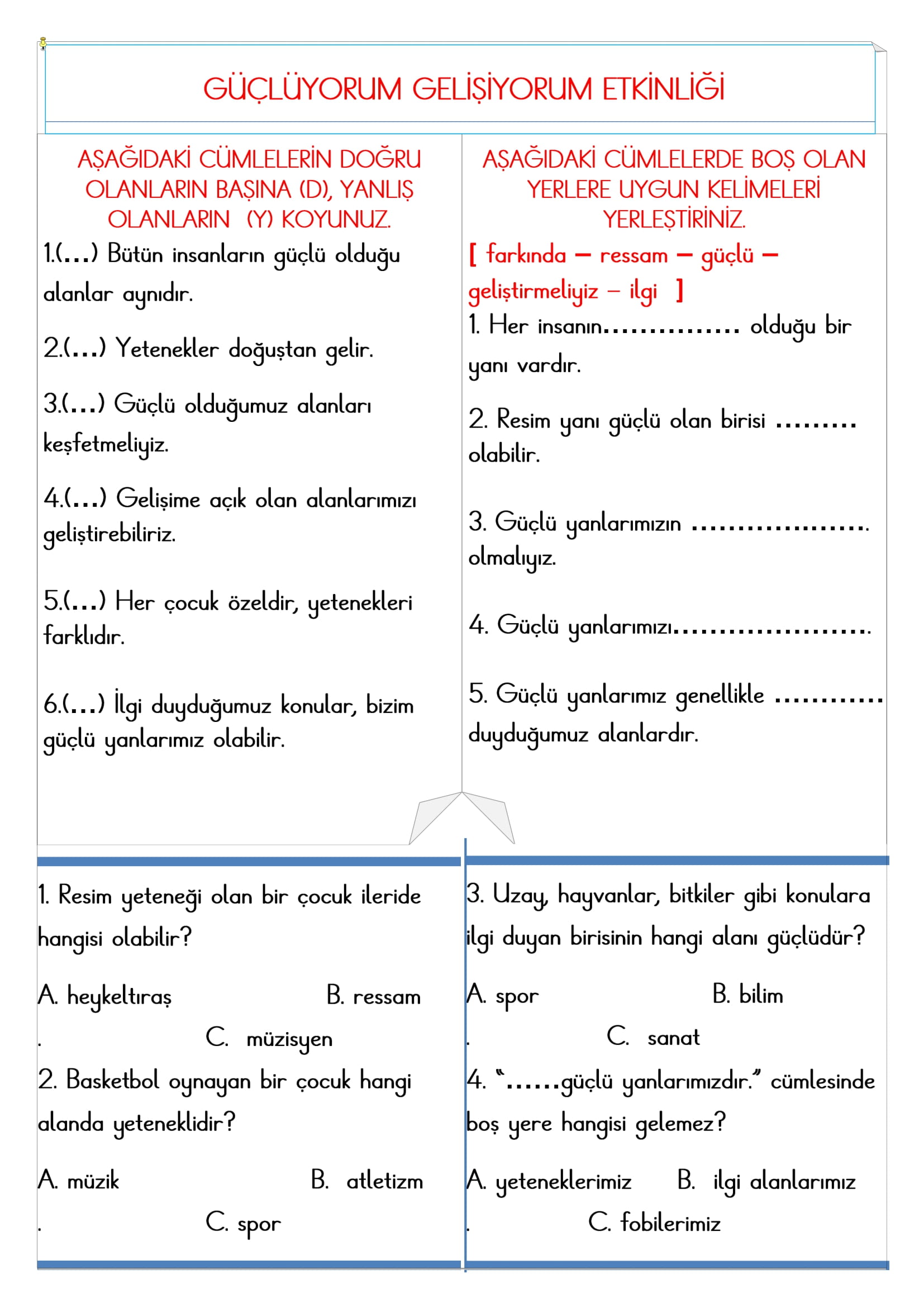 2. Sınıf - Hayat Bilgisi Güçlüyüm Gelişiyorum Etkinliği