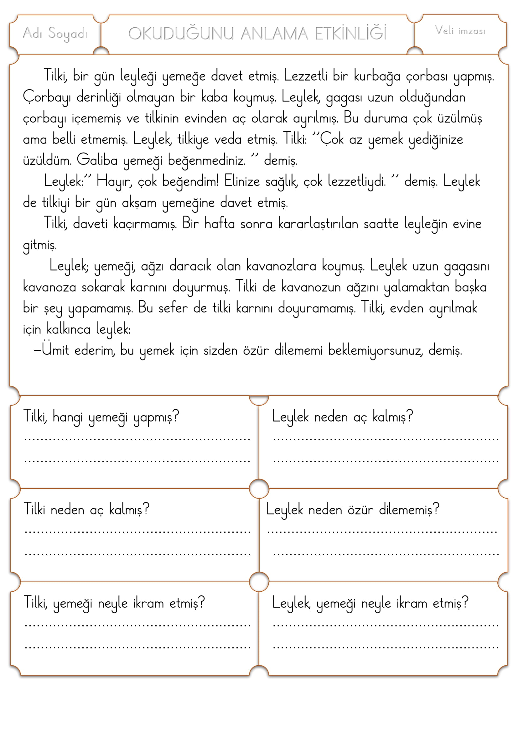 1. Sınıf Türkçe Okuduğunu Anlama Etkinliği -3