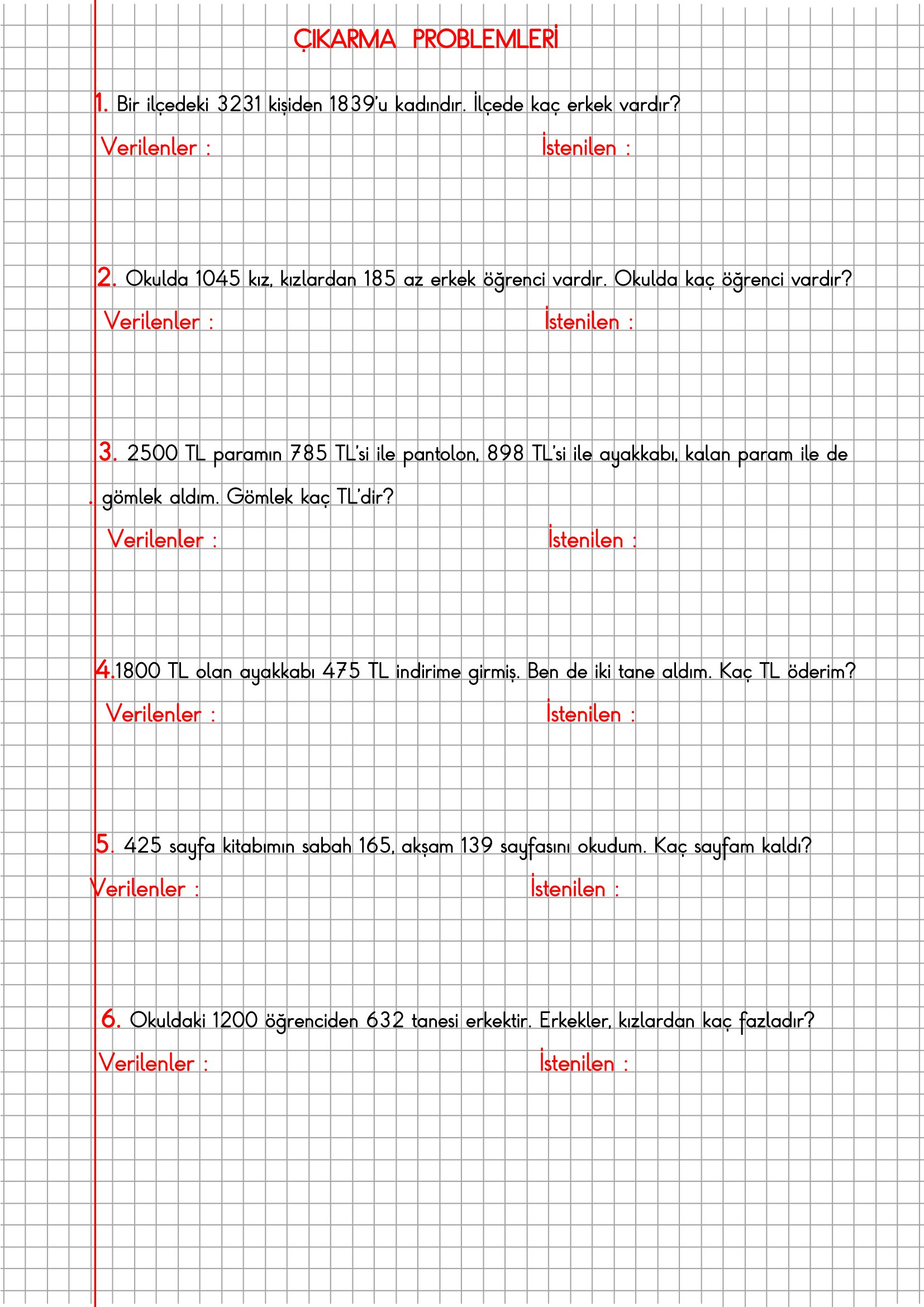 4. Sınıf Matematik Kareli Defterde Çıkarma Problemleri
