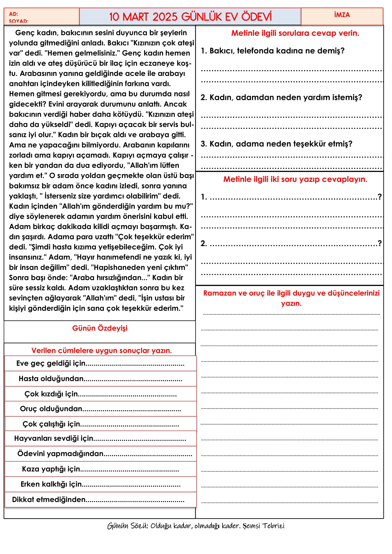 4. Sınıf 10 Mart 2025 Günlük Ev Ödevi