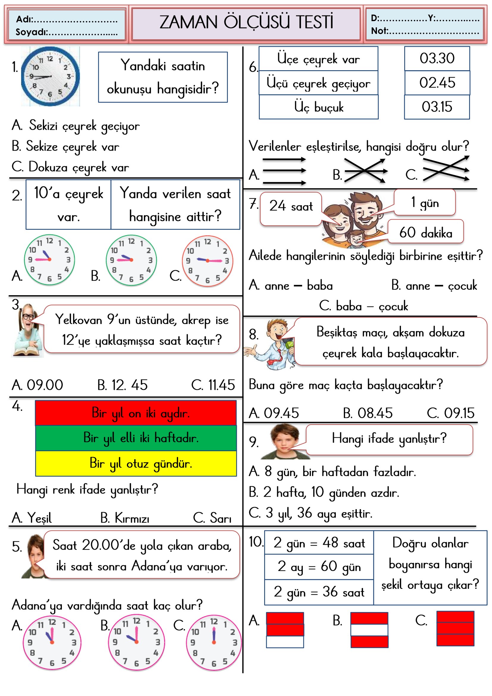 2. Sınıf Matematik Zaman Ölçüleri Testi