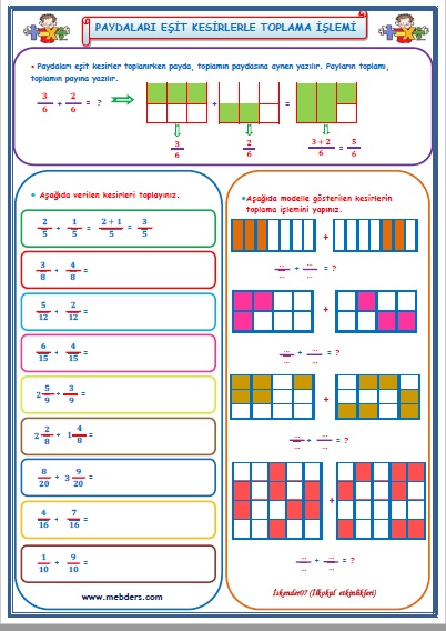 4. Sınıf Matematik Paydaları Eşit Kesirlerle Toplama İşlemi