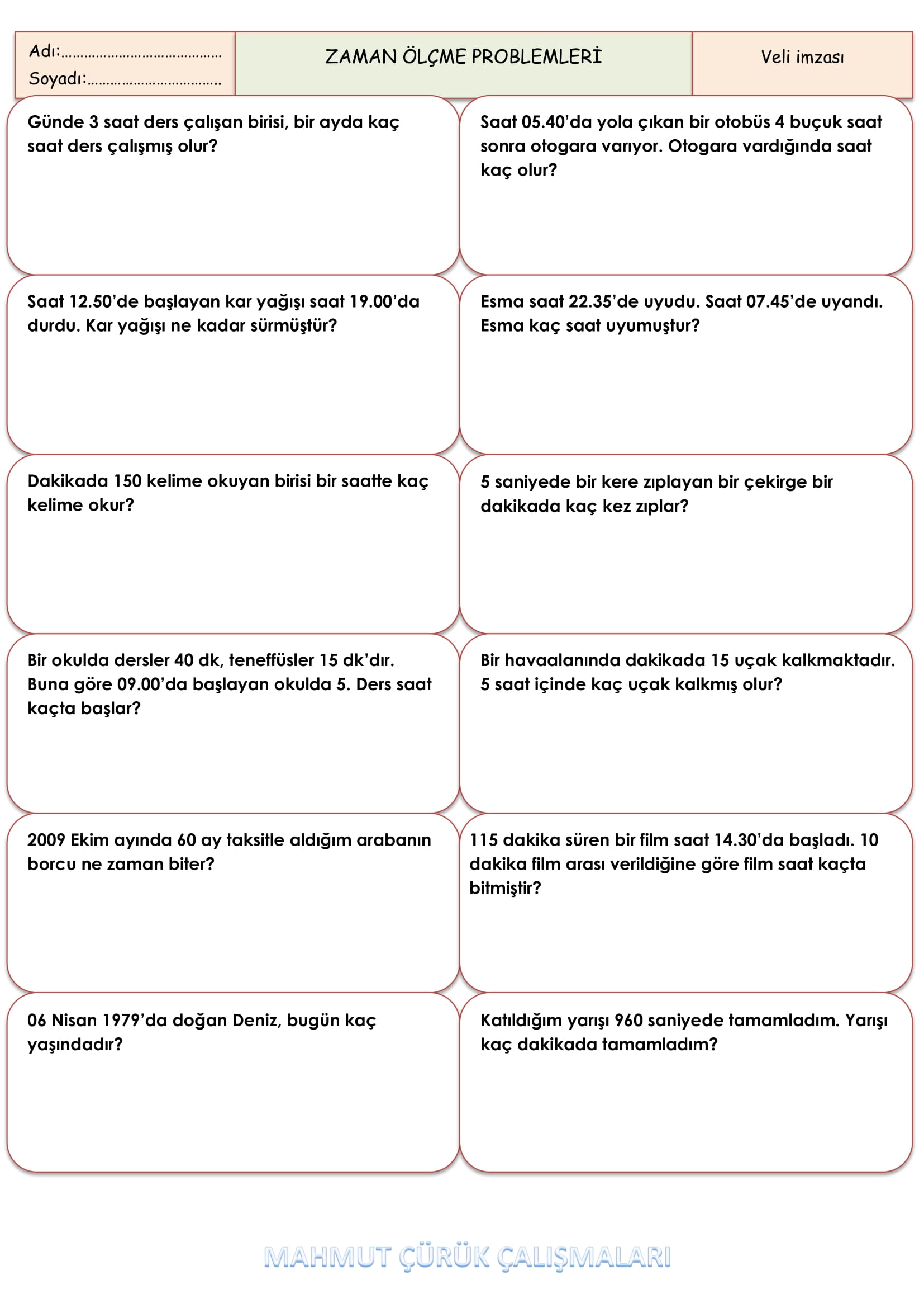 4. Sınıf - Matematik Zaman Problemleri-1