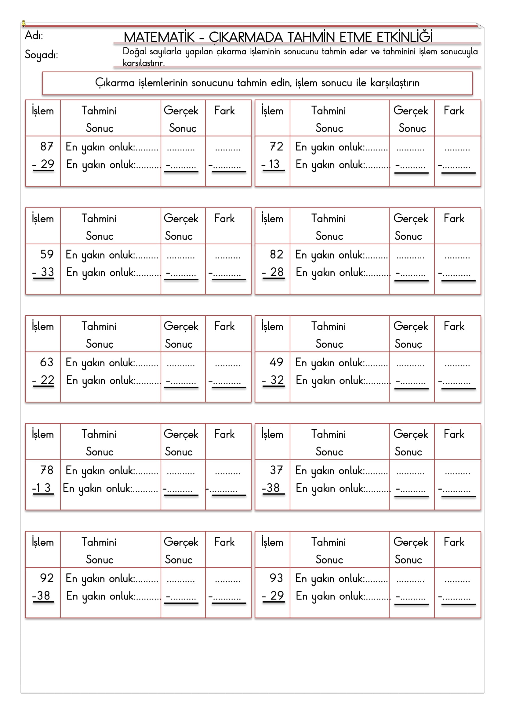 2. Sınıf - Matematik - Çıkarmada Tahmin Etme Etkinliği