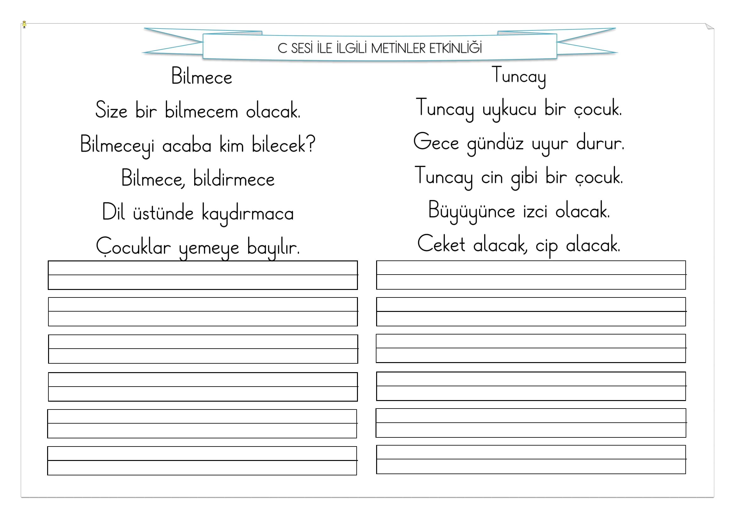 1. Sınıf İlk Okuma Yazma C Sesi Metinler Etkinliği