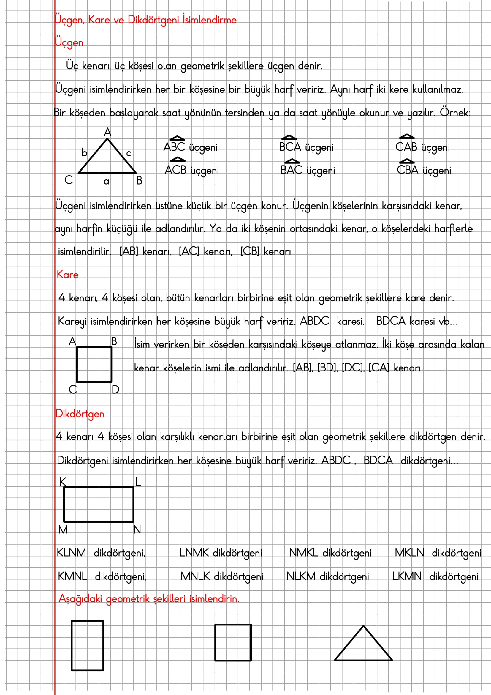 4. Sınıf Matematik Kareli Defterde Üçgen, Kare ve Dikdörtgeni İsimlendirme Konu Özeti