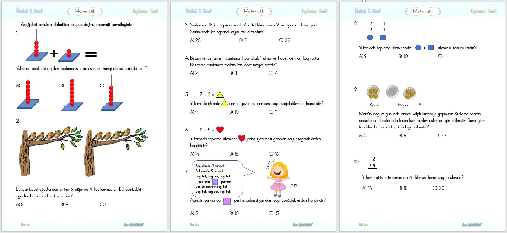 1. Sınıf Matematik Toplama Testi