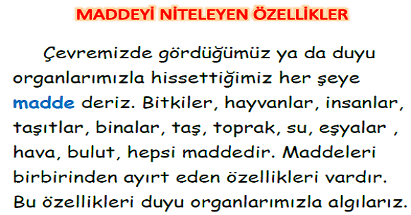 3. Sınıf Fen Bilimleri Maddeyi Niteleyen Özellikler Konu Özeti