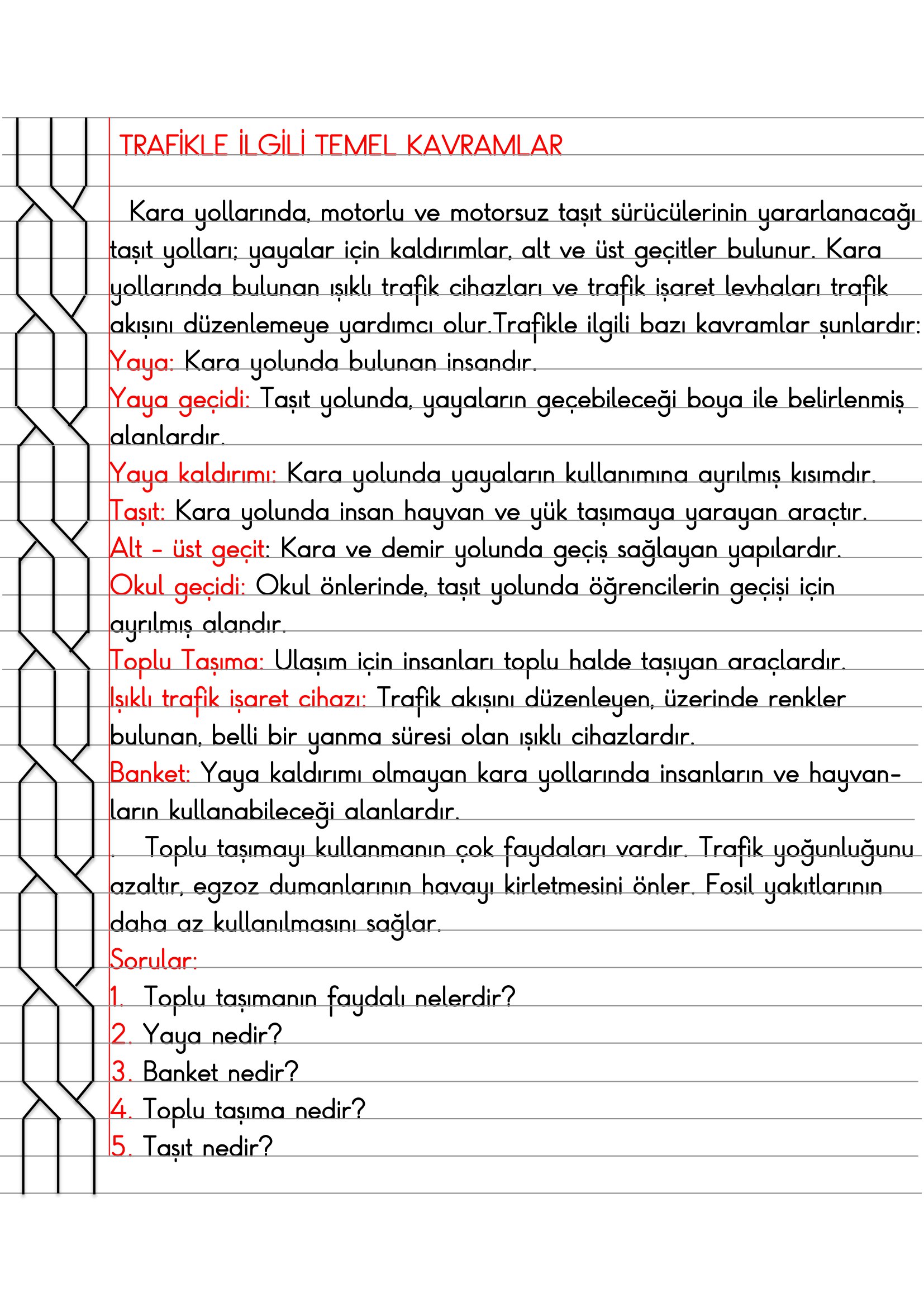 4. Sınıf Trafik Güvenliği Trafikle İlgili Temel Kavramlar Defter Özeti