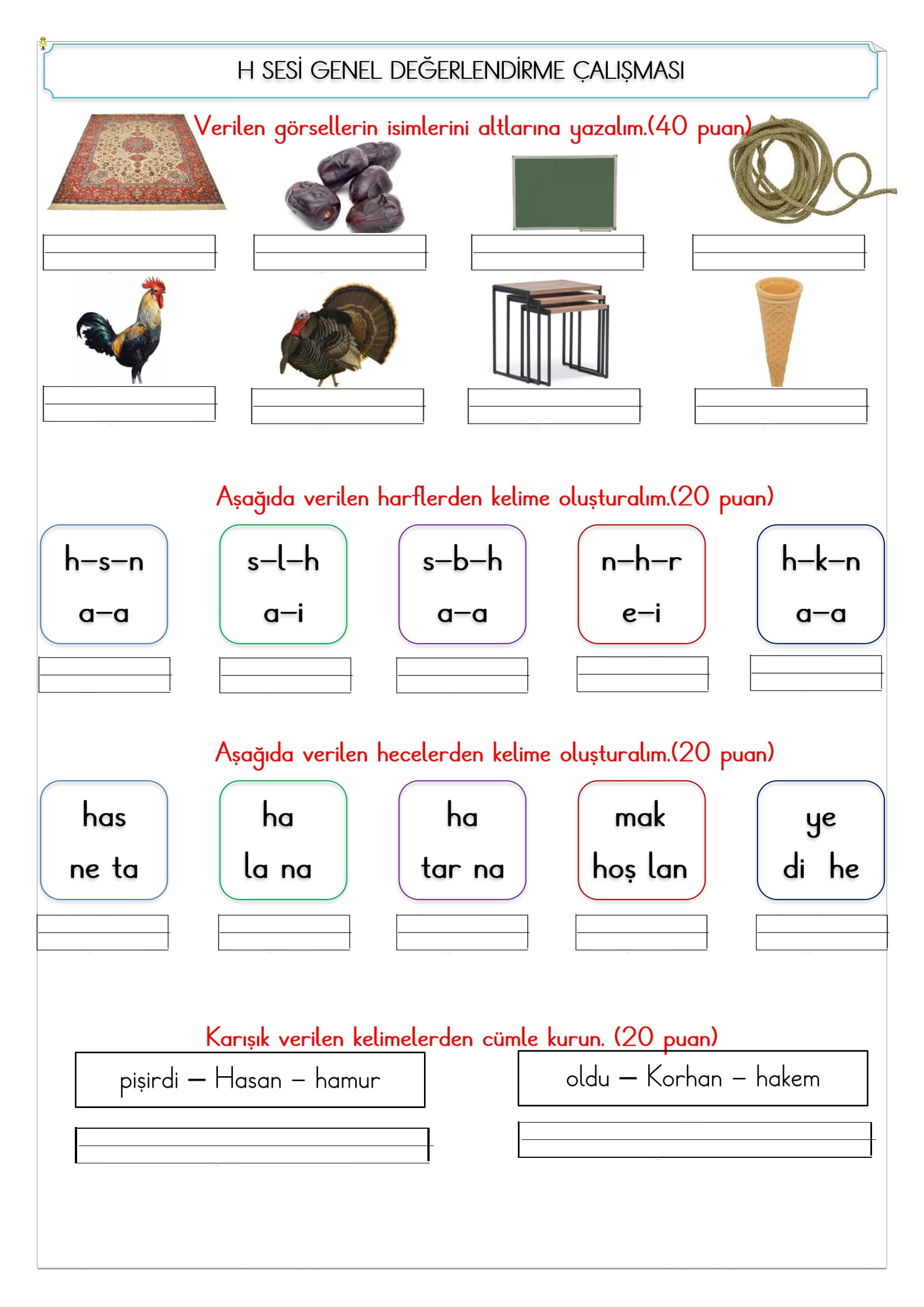 1. Sınıf İlk Okuma Yazma H Sesi Değerlendirme Çalışması 2