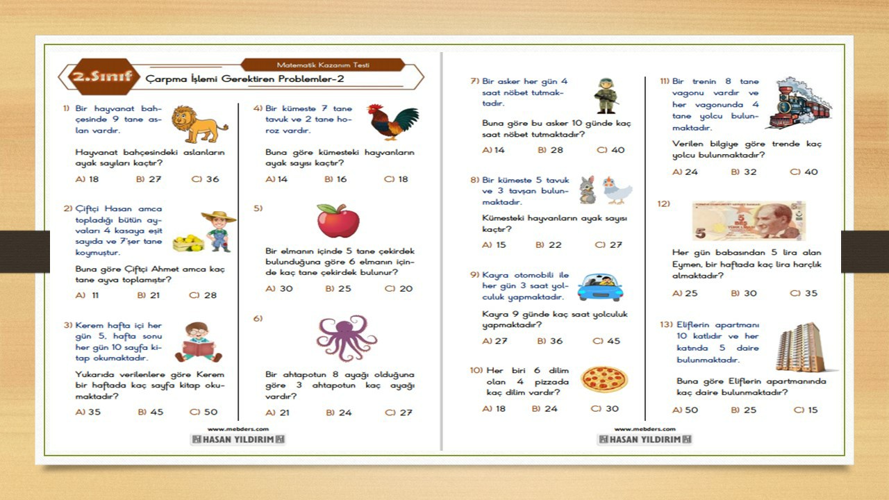 2. Sınıf Matematik Çarpma İşlemi Gerektiren Problemler Testi-2