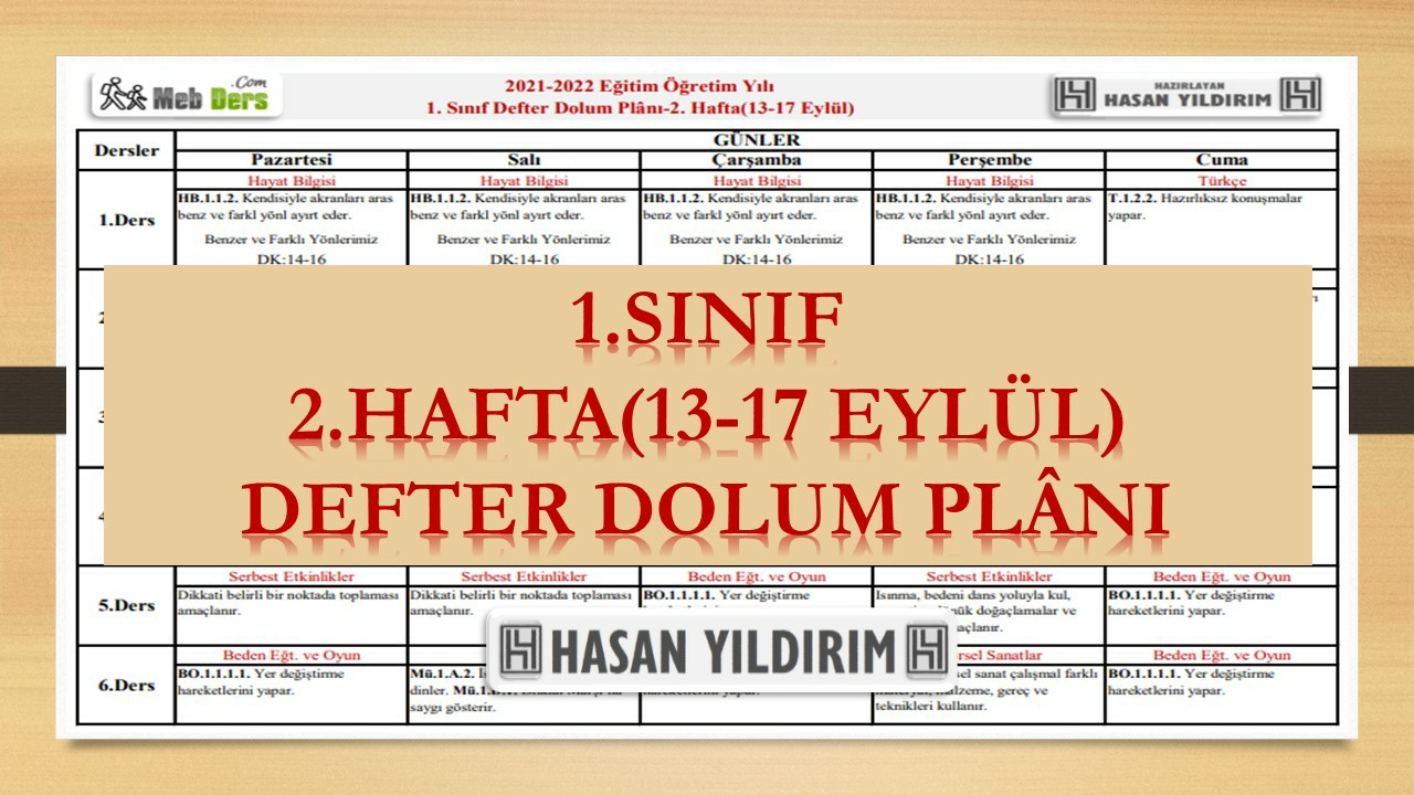1. Sınıf 2.Hafta(13-17 Eylül) Defter Dolum Planı