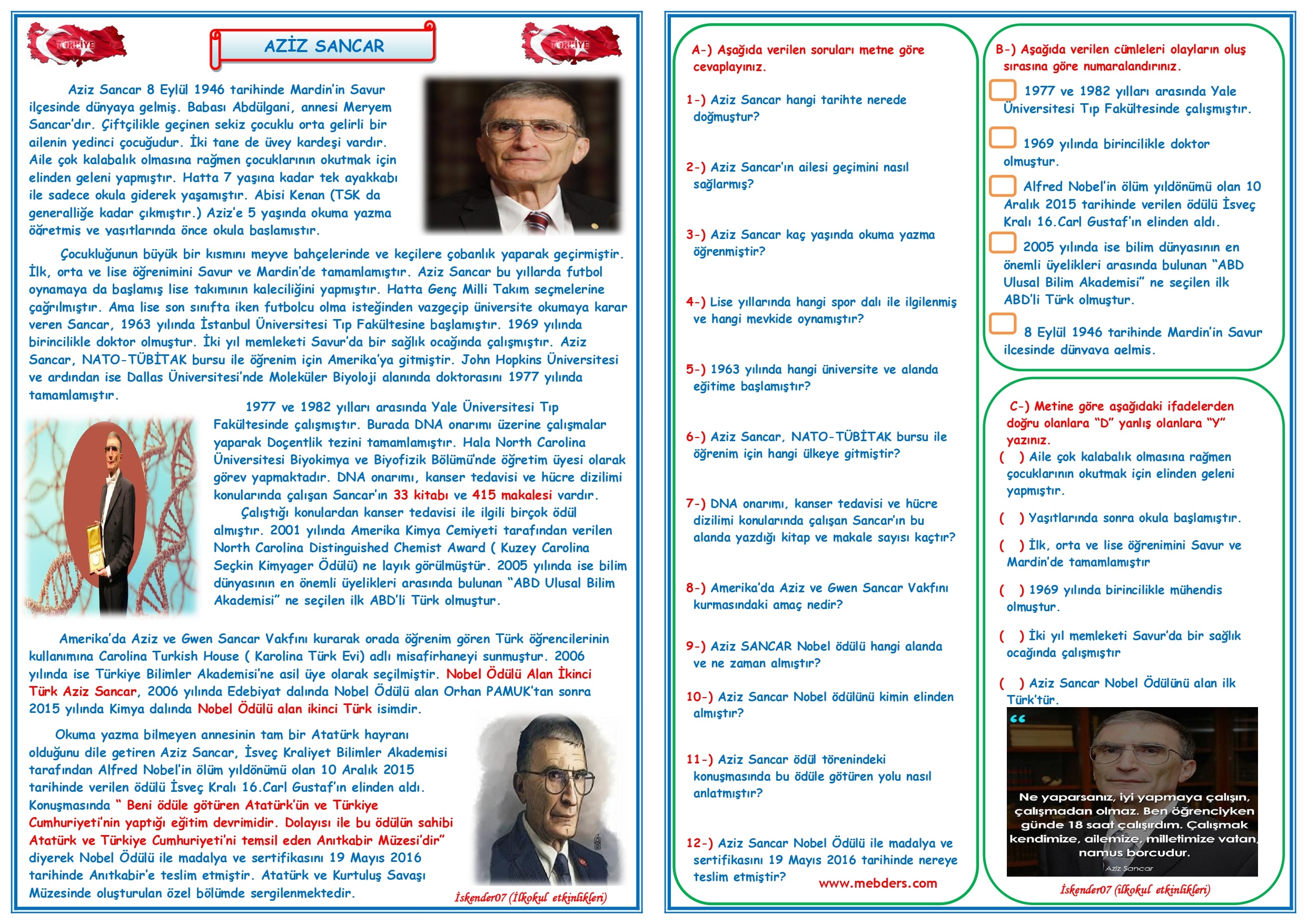 4. Sınıf Türkçe Aziz Sancar Okuma Anlama ve Metin Çalışması 8