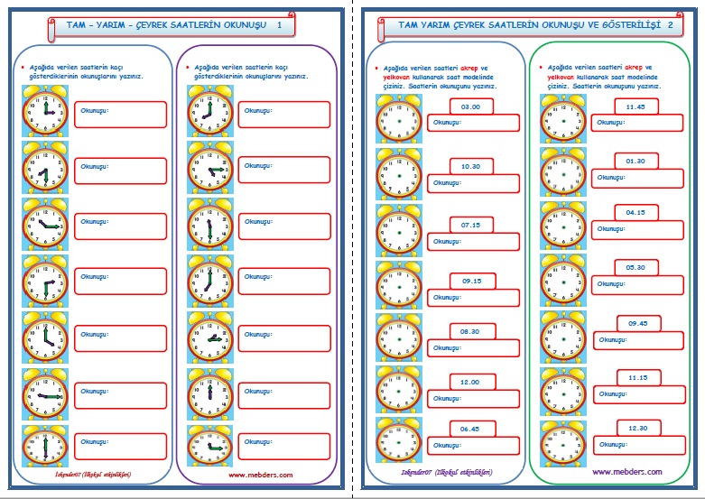 2. Sınıf Matematik Saatlerin Okunuşu ve Gösterilişi 1-2 (2 Sayfa)