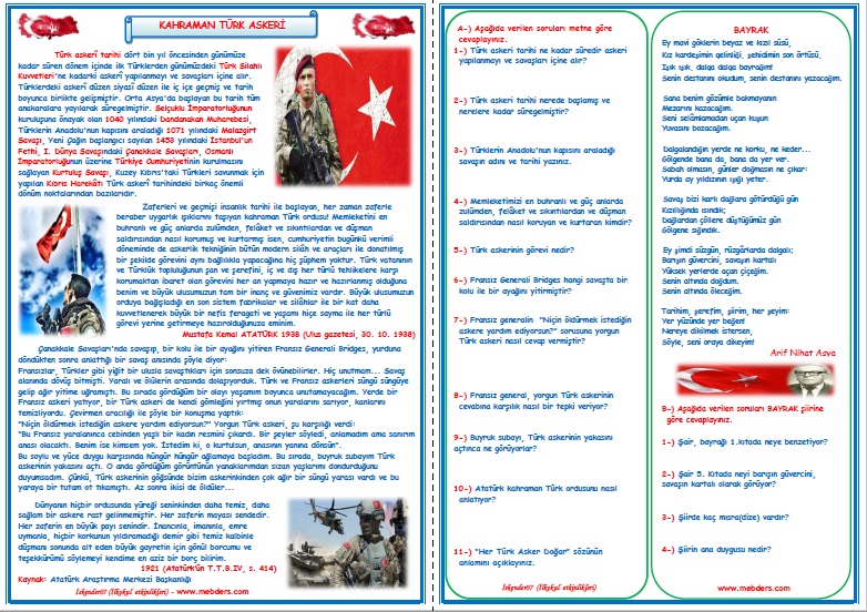 4. Sınıf Türkçe Kahraman Türk Askeri Okuma Anlama ve Metin Çalışması 9