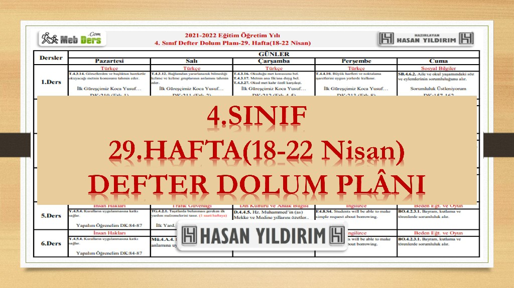 4. Sınıf 29.Hafta(18-22 Nisan) Defter Dolum Planı